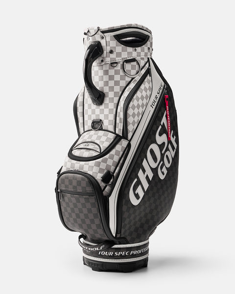 White and Grey Chekered Golf Staff Bag with White GHOST GOLF branding - Tour Spec - Side Angle View