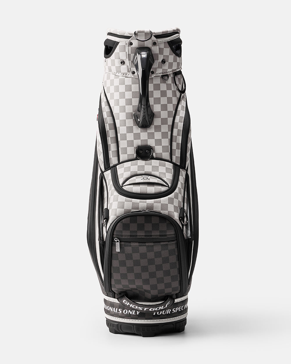 White and Grey Chekered Golf Staff Bag with White GHOST GOLF branding - Tour Spec - Front Angle View