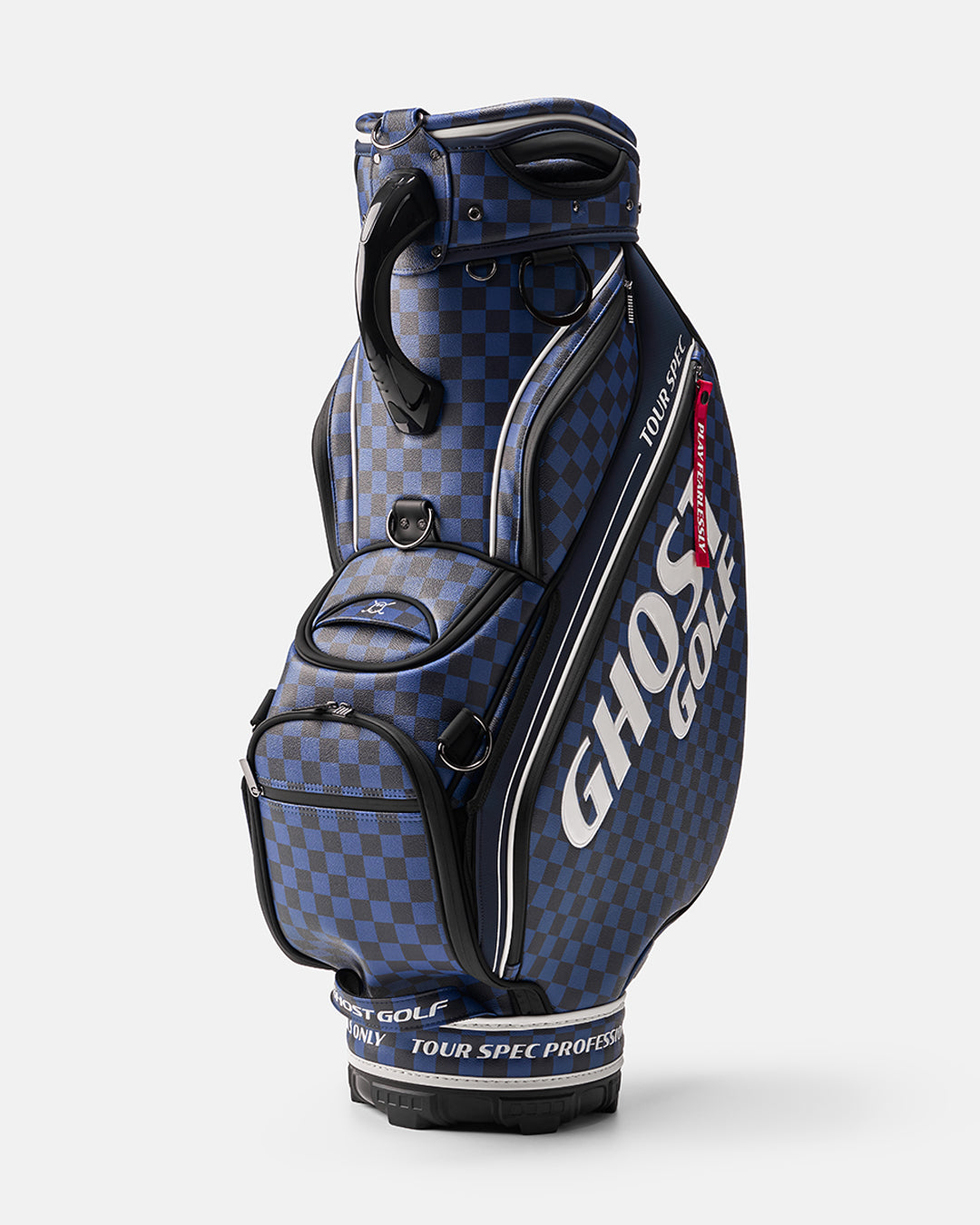 Navy and Black Chekered Golf Staff Bag with White GHOST GOLF branding - Tour Spec - Side Angle View