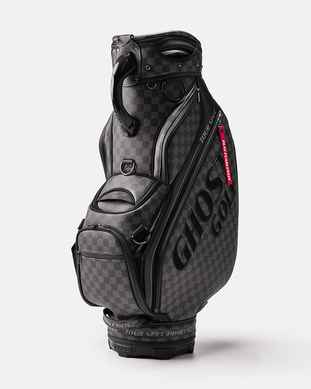 Black and Grey Chekered Golf Staff Bag with White GHOST GOLF branding - Tour Spec - Side Angle View