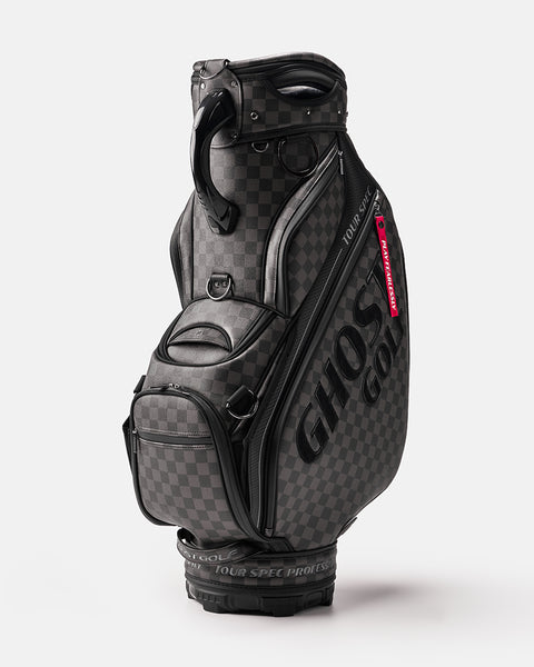 Black and Grey Chekered Golf Staff Bag with White GHOST GOLF branding - Tour Spec - Side Angle View