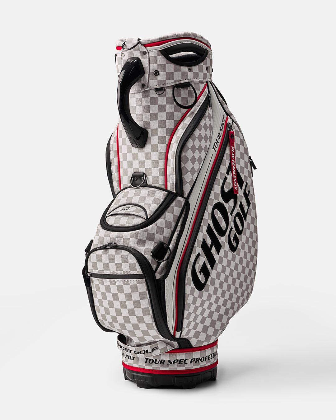 White and Grey Chekered Golf Staff Bag with White GHOST GOLF branding - Tour Spec - Side Angle View