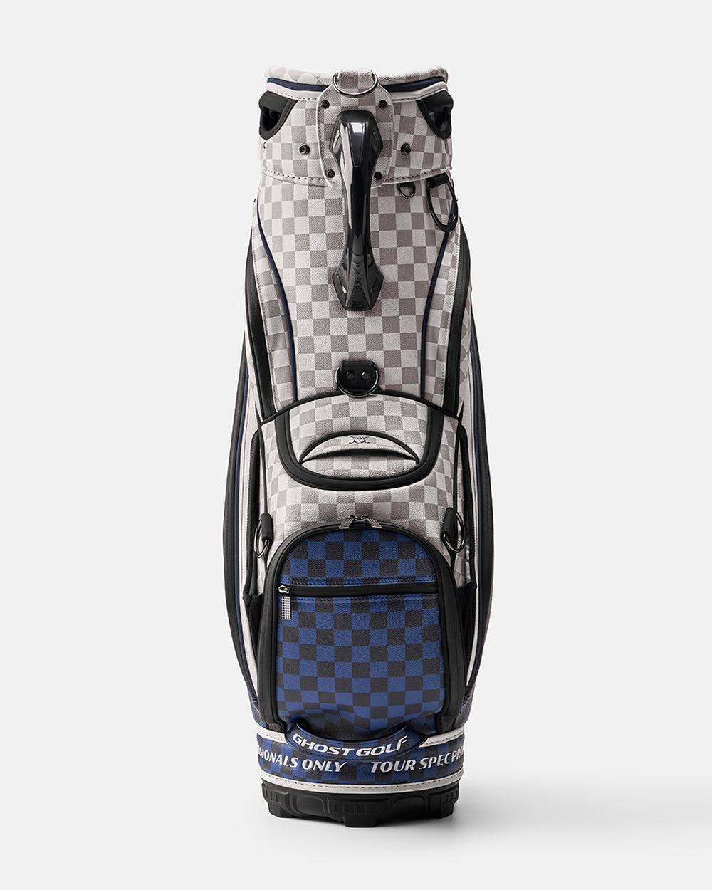White and Grey with Navy and Black Base Chekered Golf Staff Bag with White GHOST GOLF branding - Tour Spec - Front Angle View
