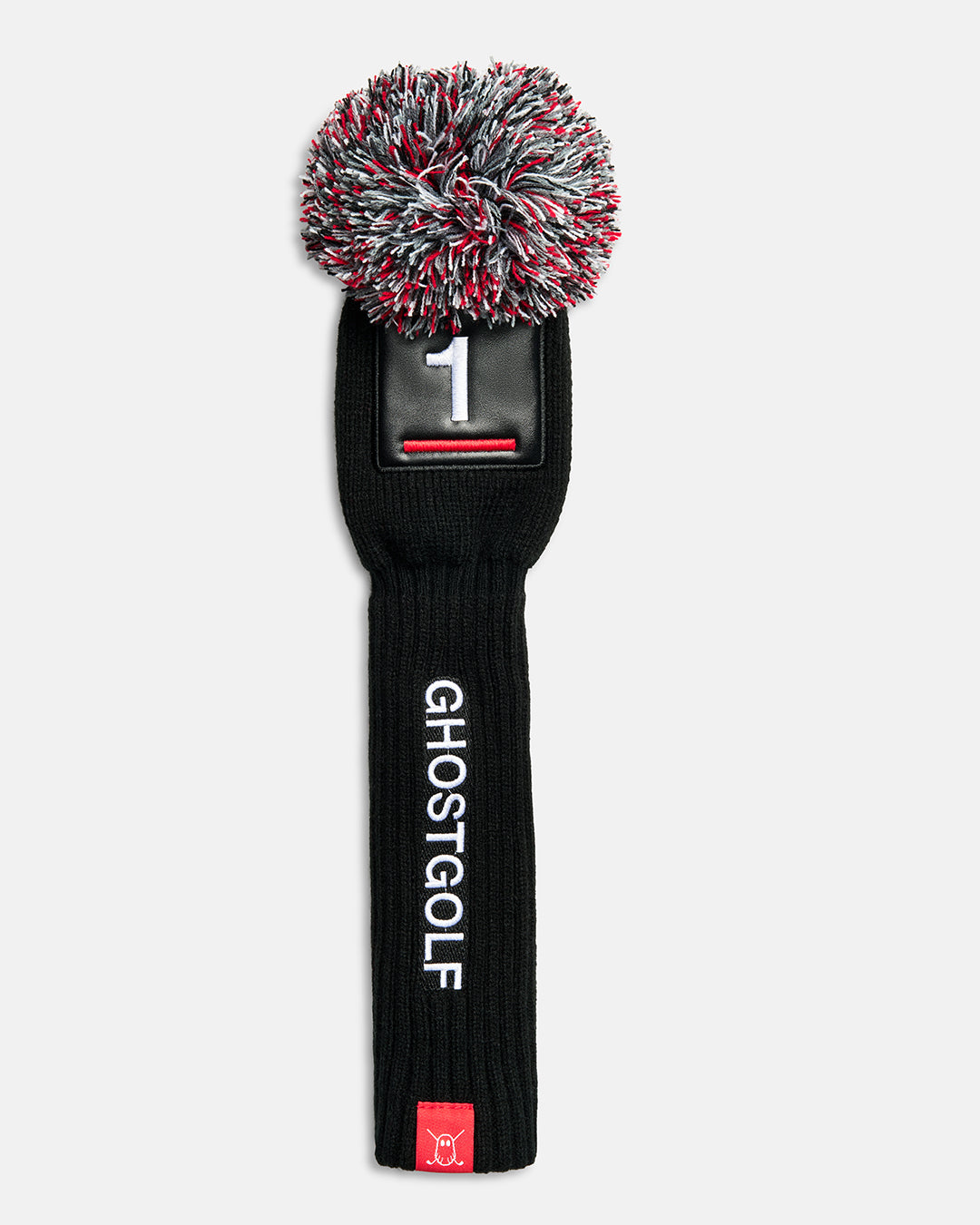 Front product shot of the Black Solid Driver Knit Head cover featuring a square patch with the number 1 at the top, a vertical Ghost Golf logo down the center, and a red tab with the Ghost icon. #size_driver