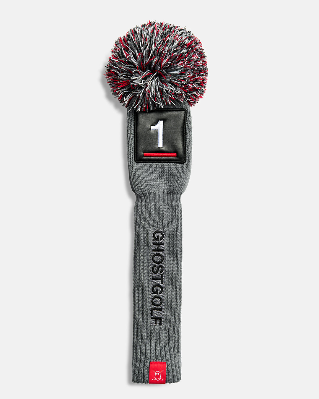 Front product shot of the Grey Solid Driver Knit Head cover featuring a square patch with the number 1 at the top, a vertical Ghost Golf logo down the center, and a red tab with the Ghost icon. #size_driver