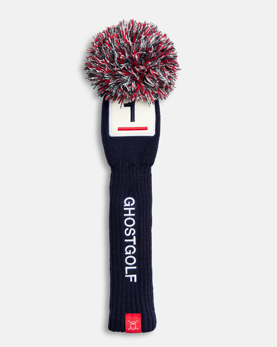 Front product shot of the Navy Solid Driver Knit Head cover featuring a square patch with the number 1 at the top, a vertical Ghost Golf logo down the center, and a red tab with the Ghost icon. #size_driver