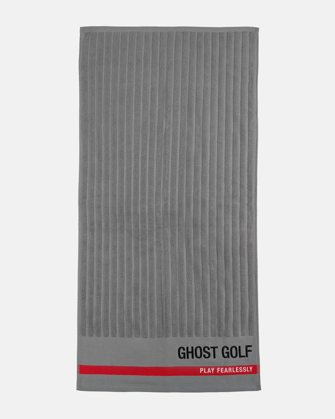 Product shot of Grey Tour Pro Caddie Towel laid flat, featuring the Ghost Golf logo on the bottom right, a red stripe across the bottom, and “Play Fearlessly” text #color_grey