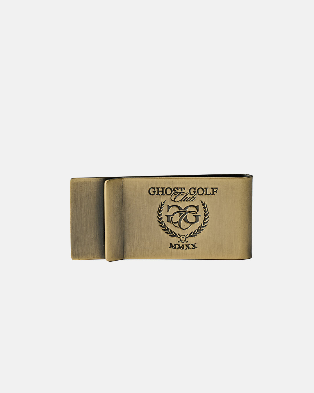 Front product shot of the Rebels Money Clip with a gold-tone finish, featuring an engraved Ghost Golf Club logo and graphic.